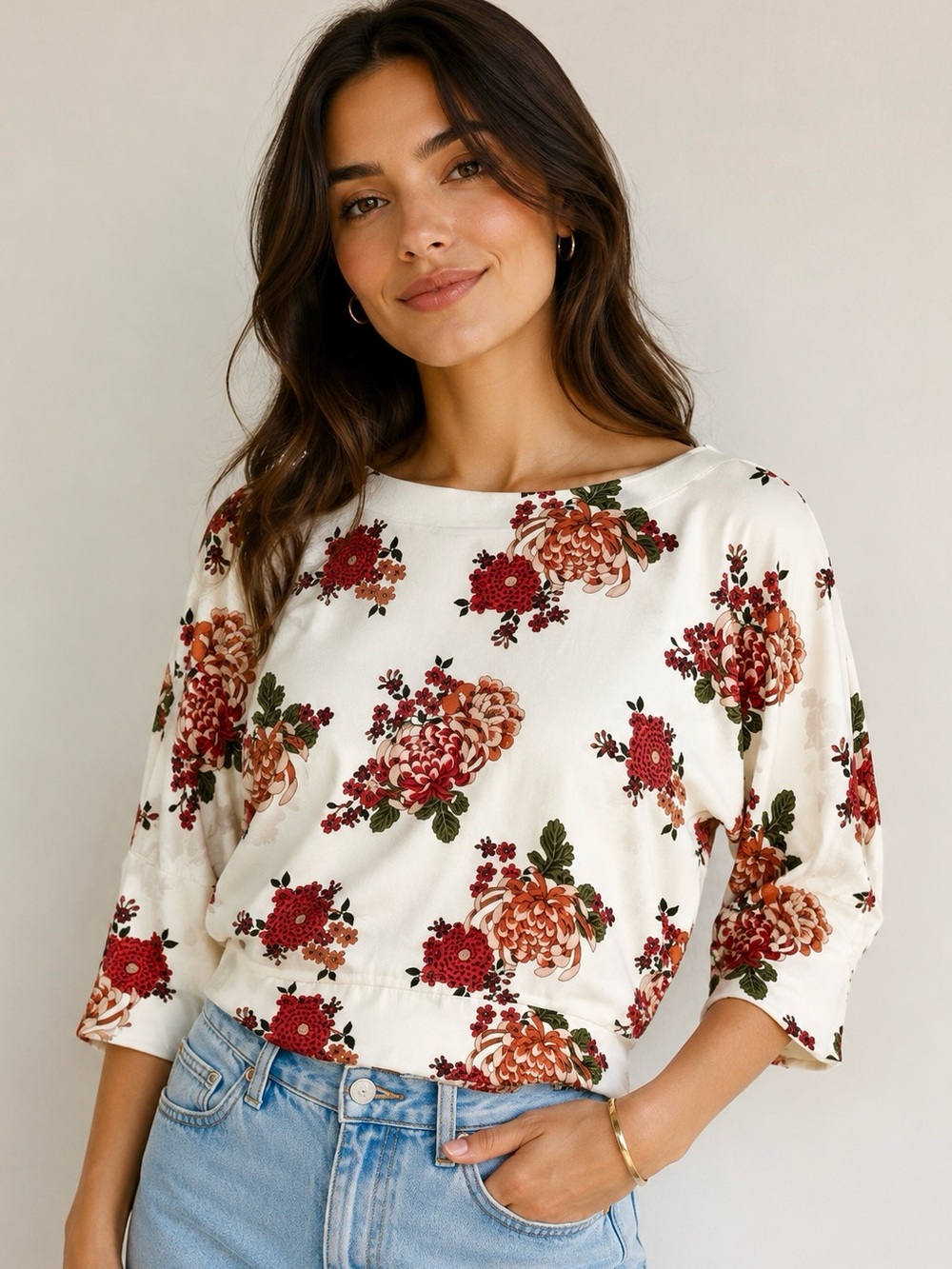 Express Floral Quarter Sleeve Smocked Waist Blouse Size Small